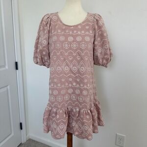 Blu Pepper Pink Eyelet Puff Sleeve Ruffle Hem Babydoll Dress Size M Boho Cottage